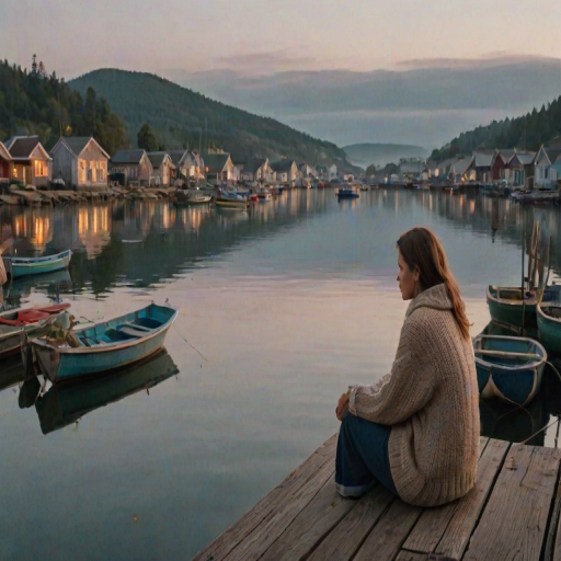 Quiet fishing village at dawn, boats bobbing in the harbor, a woman in a woolen sweater sits on the dock, her feet dangling over the edge as she watches the fishermen prepare for the day.