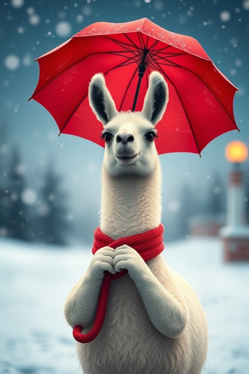 A whimsical illustration of a llama holding a red umbrella in the snow, soft focus, ambient lighting, DSLR camera, aperture f/2.8, shutter speed 1/125s, focal length 50mm.