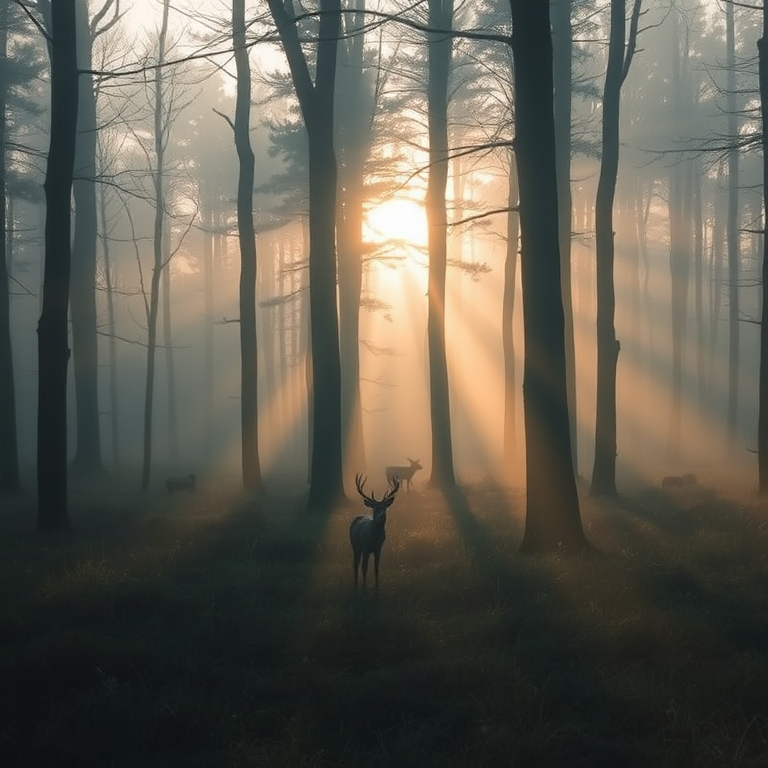 Soft-focus image of a misty forest at dawn, with soft rays of sunlight breaking through the trees and casting long shadows on the forest floor, a deer barely visible in the distance.