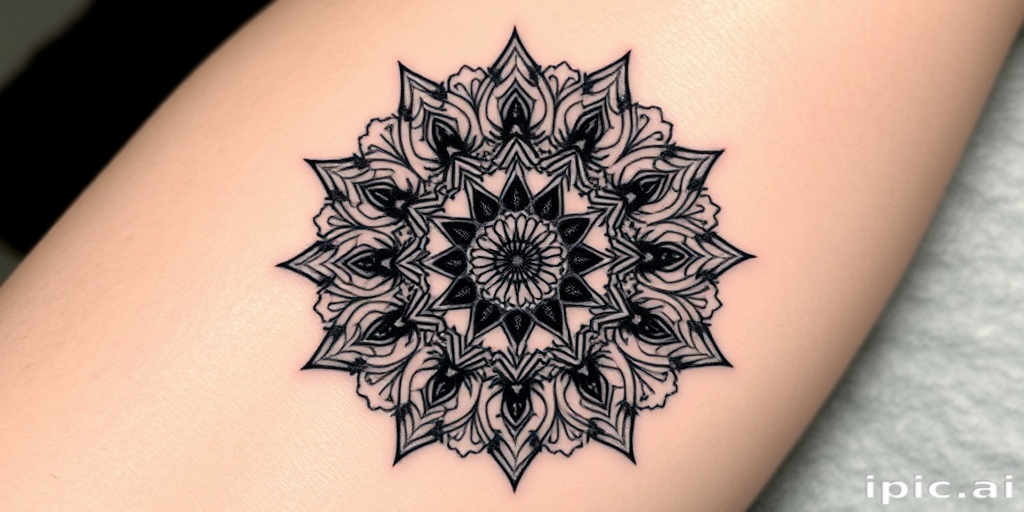 Geometric mandala tattoo named "Sacred Symmetry" featuring intricate patterns and shapes in perfect balance. Delicate dotwork shading adds depth and dimension to the design, while clean lines create a mesmerizing optical effect. Black ink dominates the piece, with subtle touches of white ink highlighting key elements for added contrast.