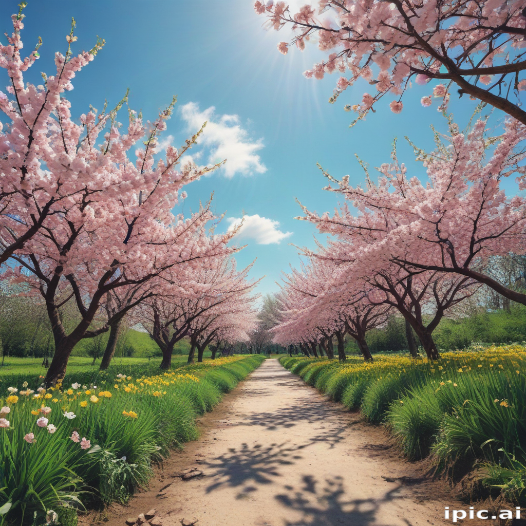 Serene Pathway Surrounded by Blooming Cherry Blossom Trees Under Clear ...