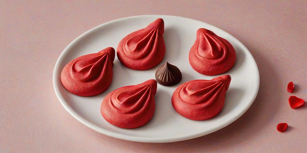 Generate an image of vibrant red meringue cookies shaped like teardrops, some whole and one cut in half to reveal a fluffy white interior and a chocolate center. The cookies should be arranged on a neutral-colored plate, with a soft, light background and minimalistic styling.