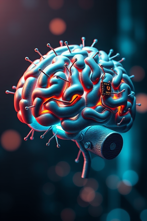 Create a highly detailed 3D rendering of a futuristic brain integrated with intricate circuitry, with soft lighting and a blurred background for depth; use a Canon EOS 5D Mark IV, f/2.8 aperture, ISO 100, and a 50mm lens for sharp focus and vibrant colors.