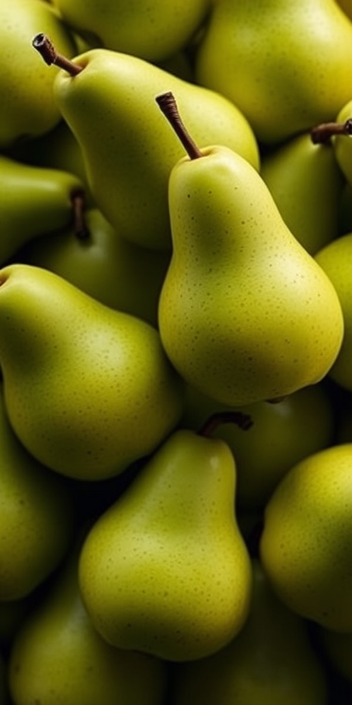 close-up of fresh green pears arranged in a pile, natural lighting, aperture f/2.8, ISO 100, 50mm lens, top-down view, DSLR camera