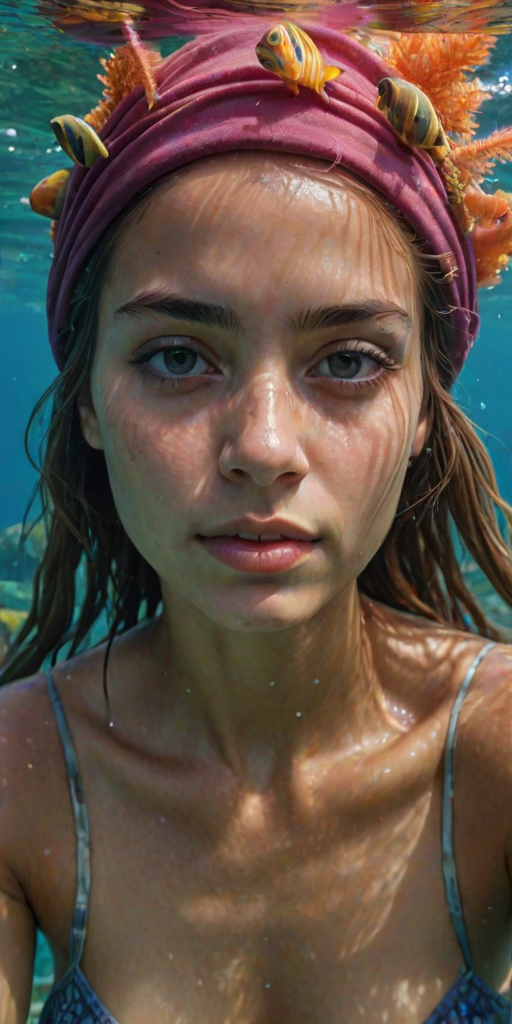Realistic selfie image of a Guarani, wearing a vintage outfit, detailed dreamy eyes, droopy hooded eyes, staring at the camera, taken underwater at coral reef with a sunbeam filtering through the water, vibrant, summer vacation, natural lighting, turtle and school of tropical fish with vibrant colors, rendered in the style of CryEngine, Pegi Nicol MacLeod, with realistic genre scenes, hauntingly beautiful narratives, ultra-realism, and Thomas Saliot's close-up technique, 8K resolution, crystal clear and sparkling water.