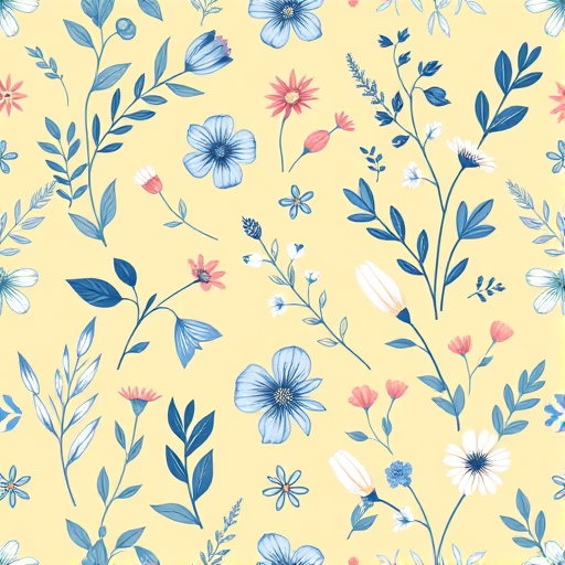 Generate a seamless floral pattern with a mix of blue and pastel illustrations of leaves and flowers on a soft yellow background, camera settings: f/8, ISO 100, shutter speed 1/200, camera view: top-down, camera style: digital illustration, camera type: DSLR.