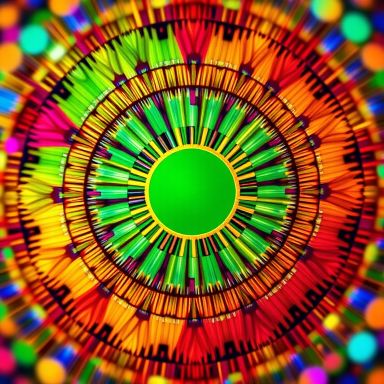 Create a vibrant abstract circular design with a green center, using a Canon EOS R5, 50mm lens, f/1.8 aperture, ISO 100, and a bright, colorful bokeh background to enhance the image quality.