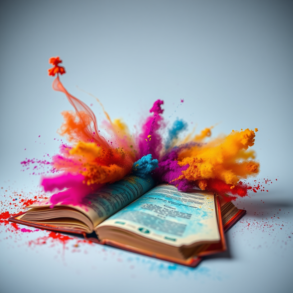 Create an image of an open book with vibrant colored powders exploding around it, shot with a Canon EOS R5, 50mm lens, f/1.8 aperture, ISO 100, in a low light setting with a soft focus background for dramatic effect.