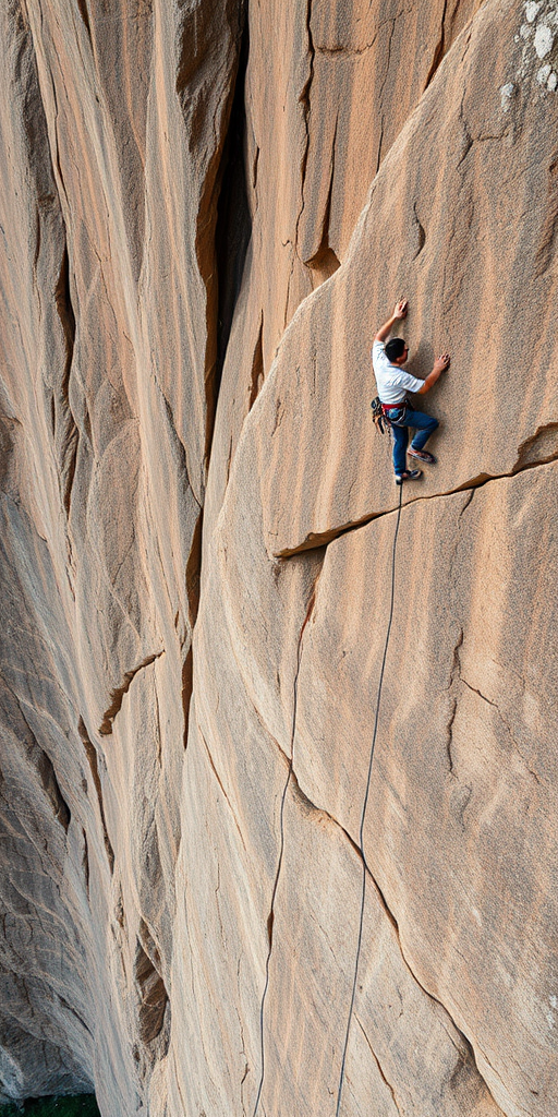 a climber scaling a steep, textured rock wall with deep cracks, captured with a Canon EOS R5, 24mm lens, f/8 aperture, ISO 100, and a bird's eye view to emphasize the height and texture of the rock formations