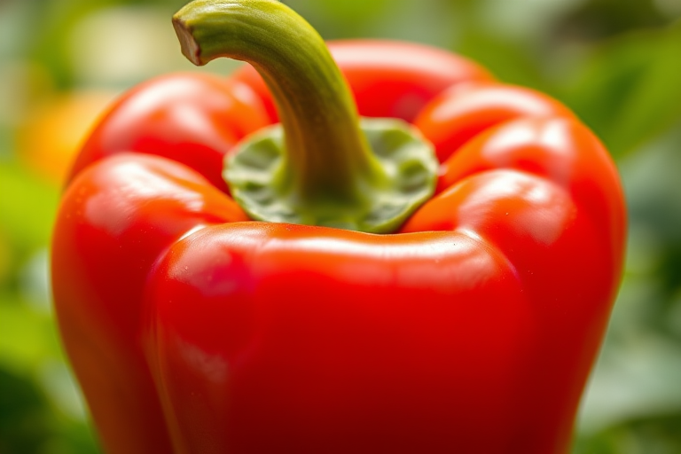 Create a vibrant and detailed illustration of a red bell pepper with a smooth texture, using a macro lens with a shallow depth of field, aperture set at f/2.8, ISO 100, and natural lighting to enhance colors and shadows, capturing the pepper from a slightly elevated angle for a dynamic perspective.