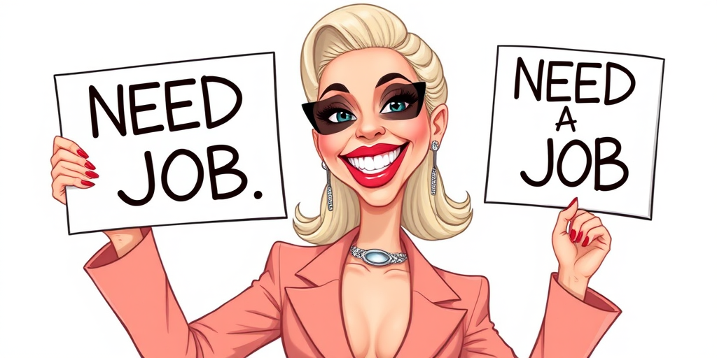 caricature of a smiling Lady Gaga in a Peach dress or suit, holding up a sign that says "NEED A JOB", no watermark,