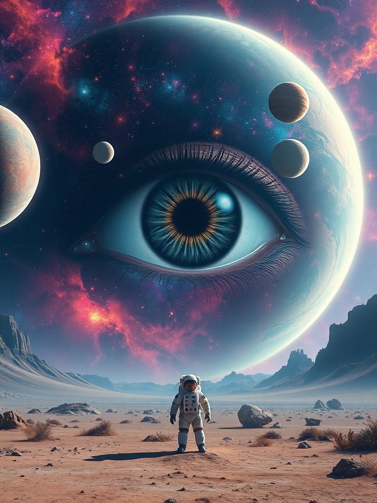 Create a surreal image of a cosmic scene featuring a giant eye in the center with vibrant galaxies and planets in the background, include an astronaut standing in a desolate landscape, use a wide-angle lens at f/2.8, capture in high dynamic range with a DSLR camera, set the ISO to 100 for sharp details and rich colors, and use a landscape orientation for depth.