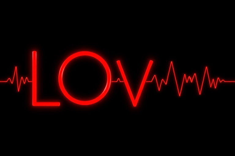 Create an image of the word LOVE integrated with a heartbeat line, using a DSLR camera with a 50mm f/1.8 lens, aperture set to f/2.8, ISO 100, taken from a slightly elevated angle for depth, emphasizing vibrant red colors and sharp detail against a black background.