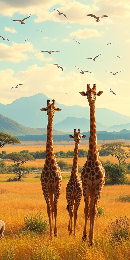 Generate a vibrant illustration of a family of giraffes walking through a lush savannah with mountains in the background and birds flying overhead, using a Canon EOS R5 camera, aperture f/8, ISO 100, shutter speed 1/200s, with a wide-angle lens to capture the expansive landscape, in a digital painting style.