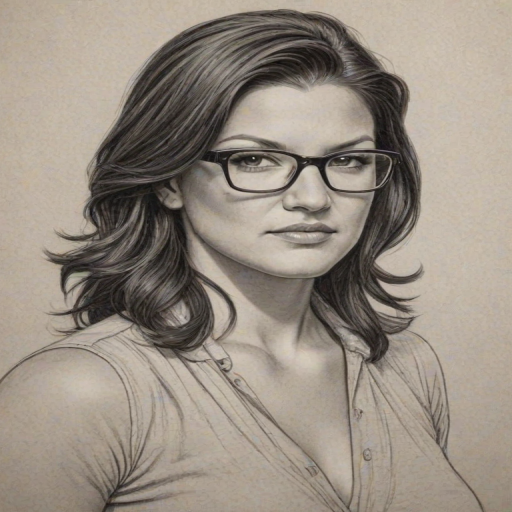 Charming Gina Carano, pencil sketch, portrait of Gorgeous woman 1933s in glasses, hair style beatnik, outline, clear lines, fine lines, 8k
