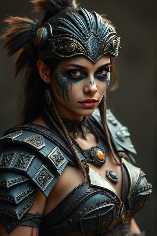 Create a high-resolution fantasy portrait of a female warrior with tribal body paint and intricate armor, captured with a DSLR camera at f/2.8 aperture, ISO 100, 1/125 sec shutter speed, using a 50mm lens, with a focus on dramatic lighting and a shallow depth of field to enhance the details in her outfit and facial markings.