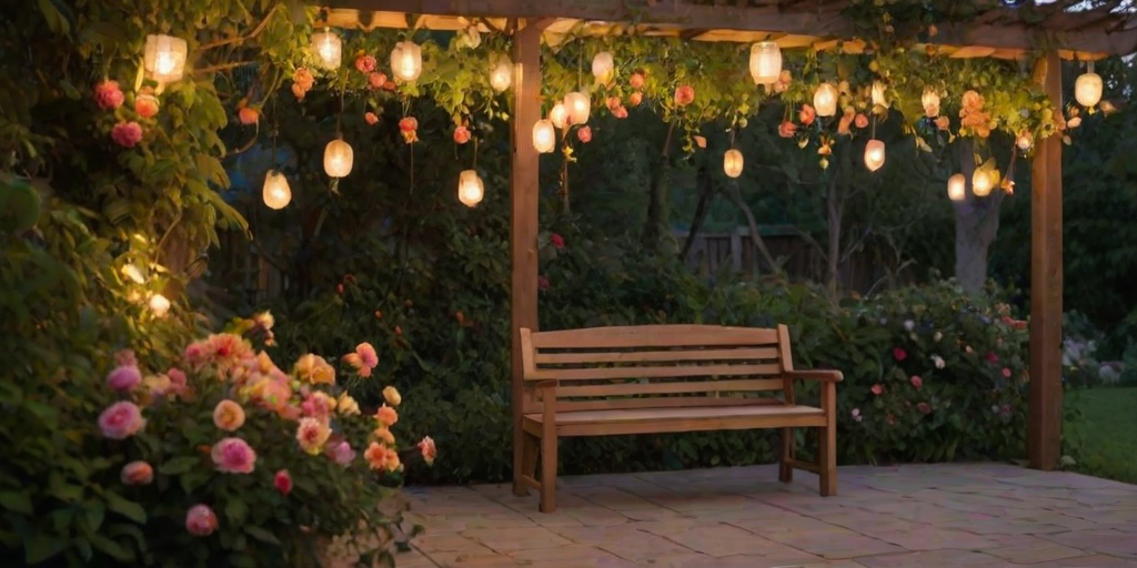 Soft-focus image of a garden at twilight, with soft golden light from hanging lanterns illuminating colorful flowers and a wooden bench under a vine-covered trellis.