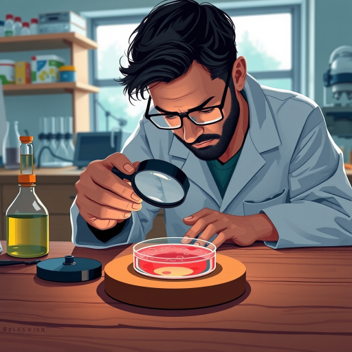 create a high-resolution digital illustration of a scientist examining a petri dish with a magnifying glass on a wooden table with laboratory equipment in the background, using a Canon EOS R5 with a 50mm lens, f/1.8 aperture, 1/200s shutter speed, and natural lighting to enhance details and colors