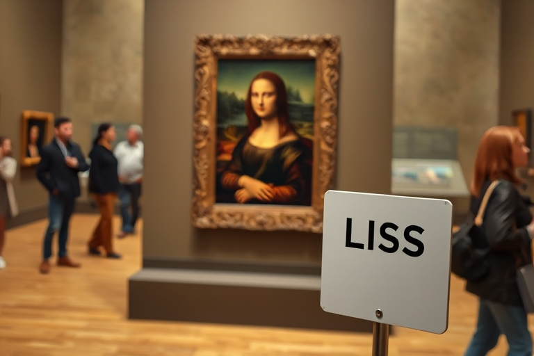 Mona Lisa art display at a gallery with visitors in the background, taken with a DSLR camera, 50mm lens, f/1.8 aperture, ISO 100, shutter speed 1/200s, focus on the sign with soft bokeh effect.
