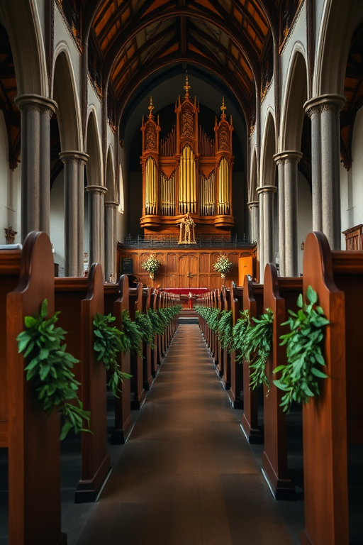 interior of a large church with wooden pews adorned with greenery, looking down the aisle towards an ornate organ in the background, captured with a DSLR camera, 24mm lens, f/8 aperture, ISO 200, natural light, wide-angle perspective
