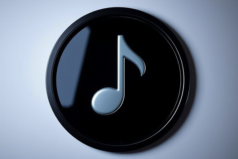 Create a high-resolution digital image of a glossy musical note icon within a circular frame, using a Canon EOS 5D Mark IV camera, f/2.8 aperture, 1/125 second shutter speed, ISO 100, in a studio setting with softbox lighting to enhance reflections and depth.