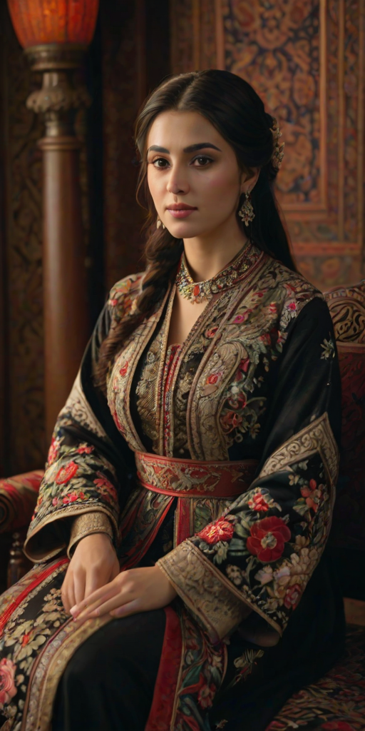A beautiful Armenian woman in traditional East Asian attire, intricately detailed with embroidered patterns, sitting gracefully in a richly decorated room, soft ambient lighting, serene and elegant, ultra-realistic, 8K resolution