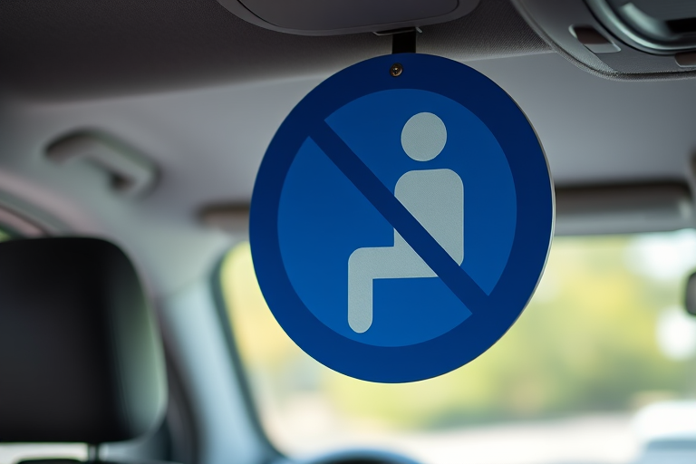 Create an image of a blue circular seatbelt safety sign featuring a seated figure wearing a seatbelt, captured with a DSLR camera, f/4 aperture, ISO 100, 50mm lens, and a shallow depth of field for enhanced focus on the sign.
