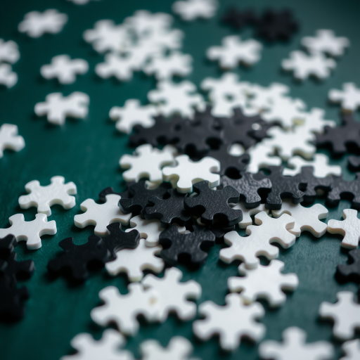 a close-up shot of a scattered pile of black and white jigsaw puzzle pieces on a dark green surface, taken with a DSLR camera at f/2.8, 50mm lens, ISO 100, natural lighting, shallow depth of field for emphasis on details.