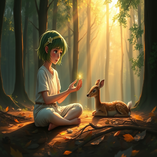 A luminous digital painting of a serene forest scene featuring a barefoot young female, about 7 years old, with green hair and fair skin, dressed in a simple white outfit. He sits cross-legged on the forest floor, gazing at a small, glowing, magical firefly in his hand. Beside him, a delicate spotted deer lies calmly on a bed of dried leaves, observing the scene. The dense forest is bathed in warm, golden light filtering through the trees, creating a peaceful, magical atmosphere with a blend of natural and mystical elements.