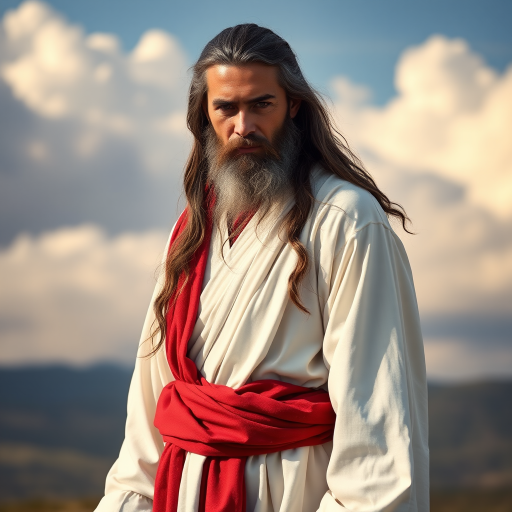 Create a portrait of a serene and compassionate figure with long hair and a beard, wearing a flowing white robe with a red sash, standing in a majestic landscape with soft clouds in the background, captured with a Canon EOS R5, 50mm lens at f/1.8, shot at a slight downward angle, utilizing natural light for enhanced clarity and vibrancy.