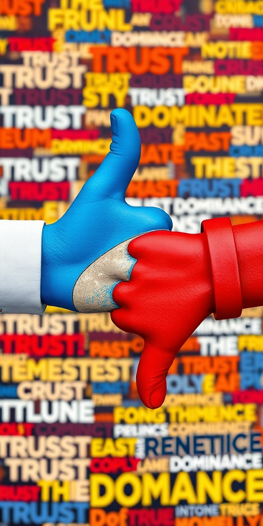 Create an abstract image featuring contrasting thumbs-up and thumbs-down symbols in vibrant colors against a background filled with words representing trust, dominance, and conflict; use a Nikon D850 camera with a 50mm lens, aperture f/1.8, ISO 100, and a soft focus effect for enhanced depth.