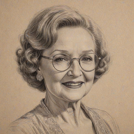 Beauteous Betty White, pencil sketch, portrait of Graceful woman 1922s in glasses, hair style beatnik, outline, clear lines, fine lines, 8k