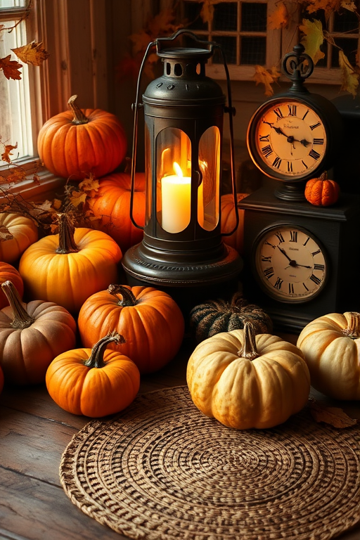 a cozy autumn scene featuring various pumpkins, a vintage lantern casting warm light, an old clock, and a rustic wooden table with a woven placemat