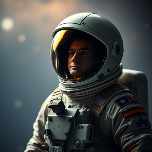 A highly detailed astronaut in a spacesuit with a gold visor, standing against a subtle cosmic background, captured with a DSLR camera at f/2.8, ISO 100, 1/100s, with a portrait lens, in a shallow depth of field for a cinematic effect.