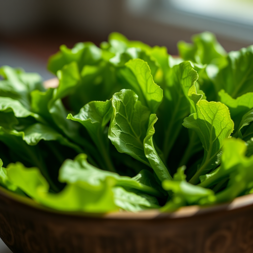 highly detailed close-up of fresh green lettuce in a bowl, natural lighting, shallow depth of field, f/2.8, ISO 100, 50mm lens, DSLR camera, vibrant colors, textures highlighted, softly blurred background
