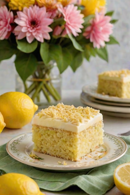 Generate an image of a lemon cake with a smooth yellow frosting, decorated with white chocolate curls and a crumb topping. The cake is in a rectangular baking dish, with a slice served on a floral plate next to it. Include fresh lemons and green leaves in the background for a vibrant touch.