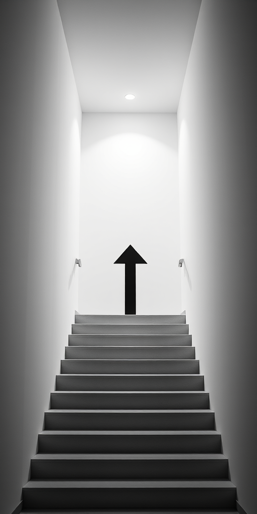 Create a minimalist black and white image of an upward staircase with an arrow indicating progress, shot with a DSLR camera at f/8 aperture, ISO 100, using a wide-angle lens, high resolution for clarity.