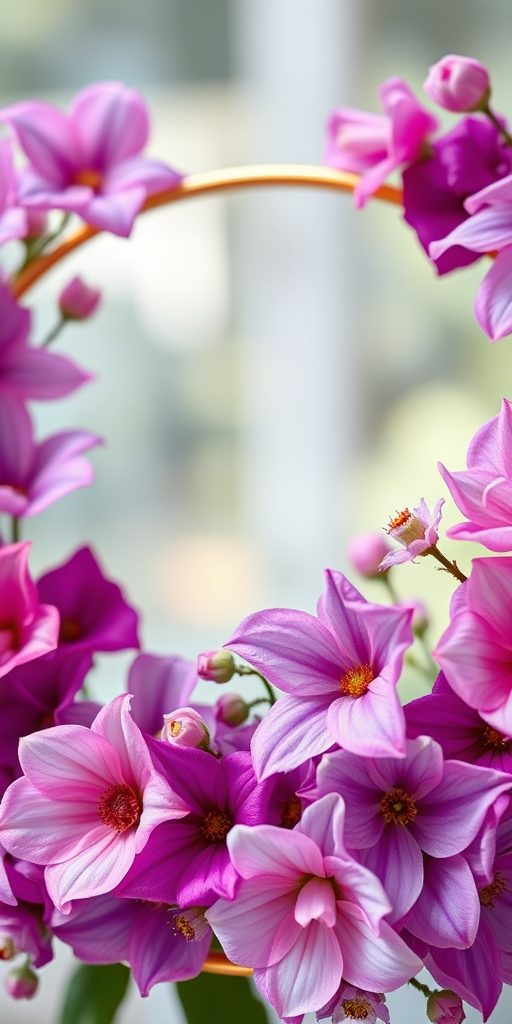 Create a high-resolution circular floral arrangement with purple and pink flowers, a gold circular frame, soft focus background, natural lighting, shot with a Canon EOS 5D Mark IV at f/2.8, 50mm lens, in macro mode.