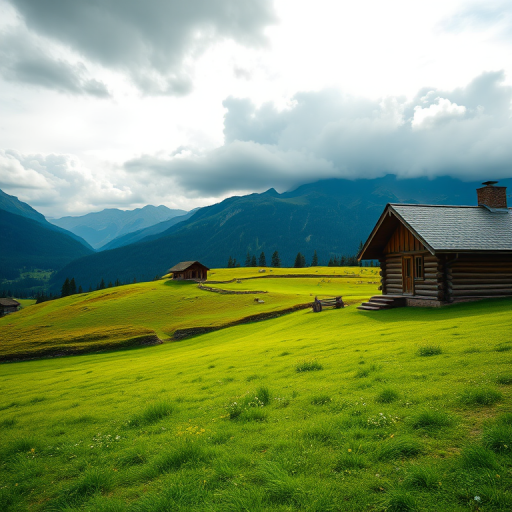 Landscape of a lush green meadow with a wooden cabin on the right and majestic mountains in the background under a cloudy sky, shot with a Canon EOS 5D Mark IV, ISO 100, f/8, 1/200s, wide-angle lens, natural lighting from the left, in landscape orientation.
