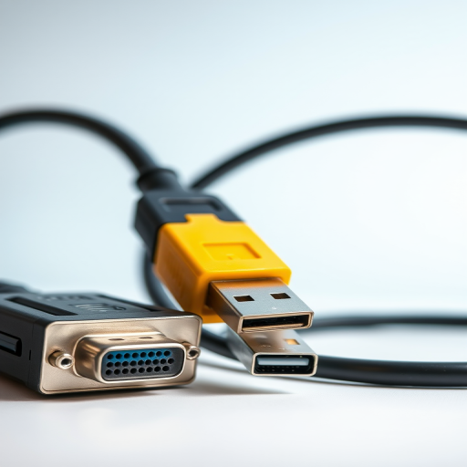 high-resolution image of various types of cables (VGA, USB, and fiber optic) on a plain background, soft lighting, macro lens, f/2.8 aperture, ISO 100, 50mm lens