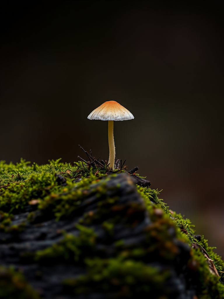 macro shot of a small mushroom growing on a mossy log with a blurred dark background, aperture f/2.8, shutter speed 1/60s, ISO 100, 50mm lens, taken with a DSLR camera in natural light for enhanced detail and color vibrancy