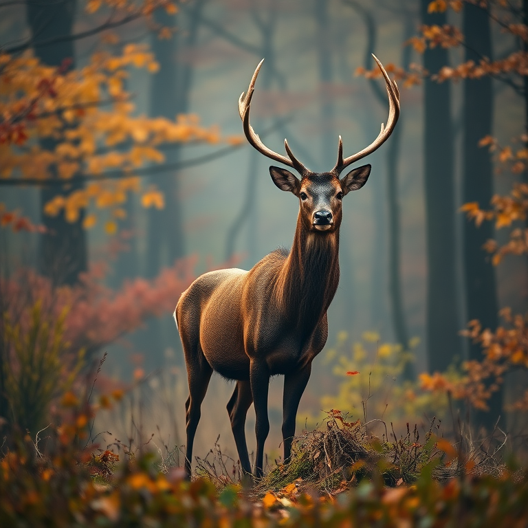 A majestic stag standing confidently in a misty forest with vibrant autumn colors, soft ethereal lighting, taken with a DSLR camera at f/2.8 aperture, 50mm focal length, ISO 100, in portrait view, using vibrant color profile and high dynamic range settings for enhanced detail and color richness.