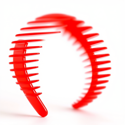 Create a high-resolution image of a red comb viewed from a slight angle, using a DSLR camera with an aperture of f/2.8, a shutter speed of 1/125s, and ISO 100, ensuring a clean white background for contrast.