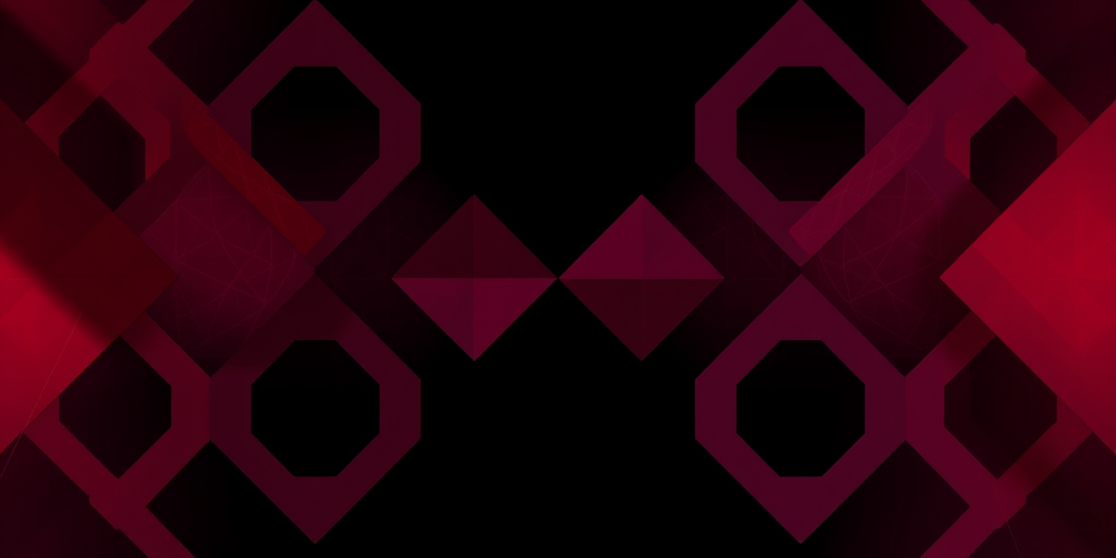 Generate an abstract image of interlocking geometric shapes with a grid pattern in deep red and purple hues on a dark background, using a DSLR camera with an aperture of f/8, ISO 100, and a focal length of 50mm, in a top-down view with a sharp focus and natural lighting.