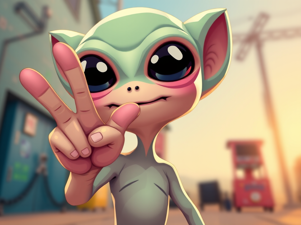 Create a high-resolution digital illustration of a cartoon alien with a peace sign, using a DSLR camera at f/2.8 aperture, ISO 100, 35mm focal length, shot from a low angle, with a soft focus background and vibrant colors for enhanced detail.