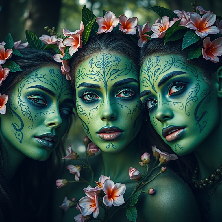portrait of three ethereal women with intricate floral and leafy face paint, vibrant green skin, adorned with pink blossoms and surrounded by a mystical forest backdrop, soft diffused lighting, f/1.8 aperture, ISO 200, 85mm lens, shot from a low angle for dramatic effect, fine art photography style, high resolution image
