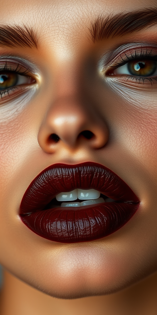 Sensual woman lips coated in rich chocolate brown satin lipstick, full face portrait emphasizing sultry gaze and captivating features