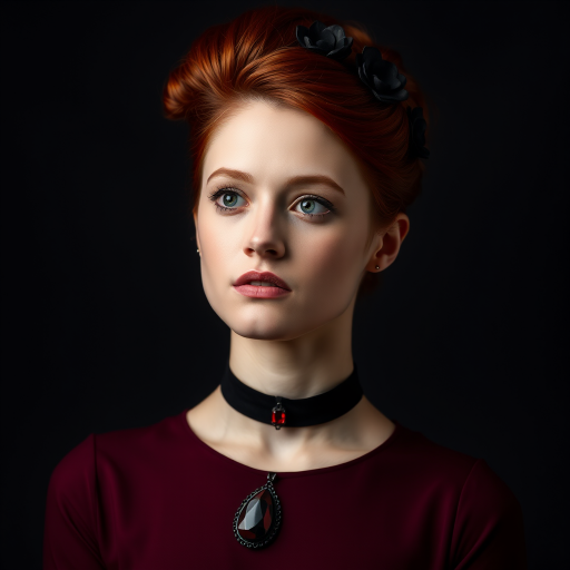 A young woman with bright red hair styled in a voluminous updo adorned with black floral accents, wearing a black choker with a large red gemstone pendant, looks off to the side with a slightly pensive expression, her face softly lit against a dark background.  The image is composed as a portrait, shot from a close-up perspective, with the subject filling most of the frame.  The woman's skin appears fair and flawless, with a subtle glow.  The overall atmosphere is elegant and slightly dramatic.