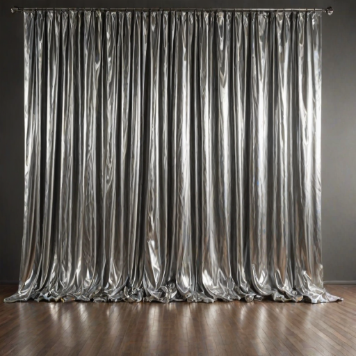create a realistic image of a shiny silver curtain with folds cascading down, reflecting light in a studio setting