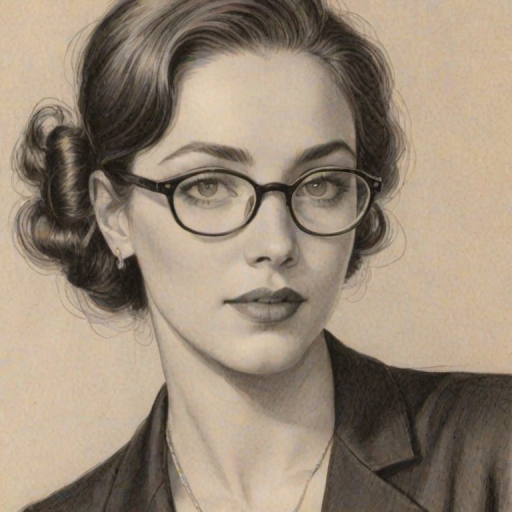 Pleasing Jessica Williams, pencil sketch, portrait of Splendid woman 1932s in glasses, hair style beatnik, outline, clear lines, fine lines, 8k